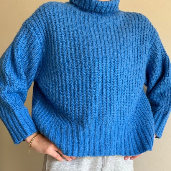 Maeve Anthropologie Blue Crop Ribbed Bell Sleeve Turtleneck Sweater XX Small - Picture 12 of 15